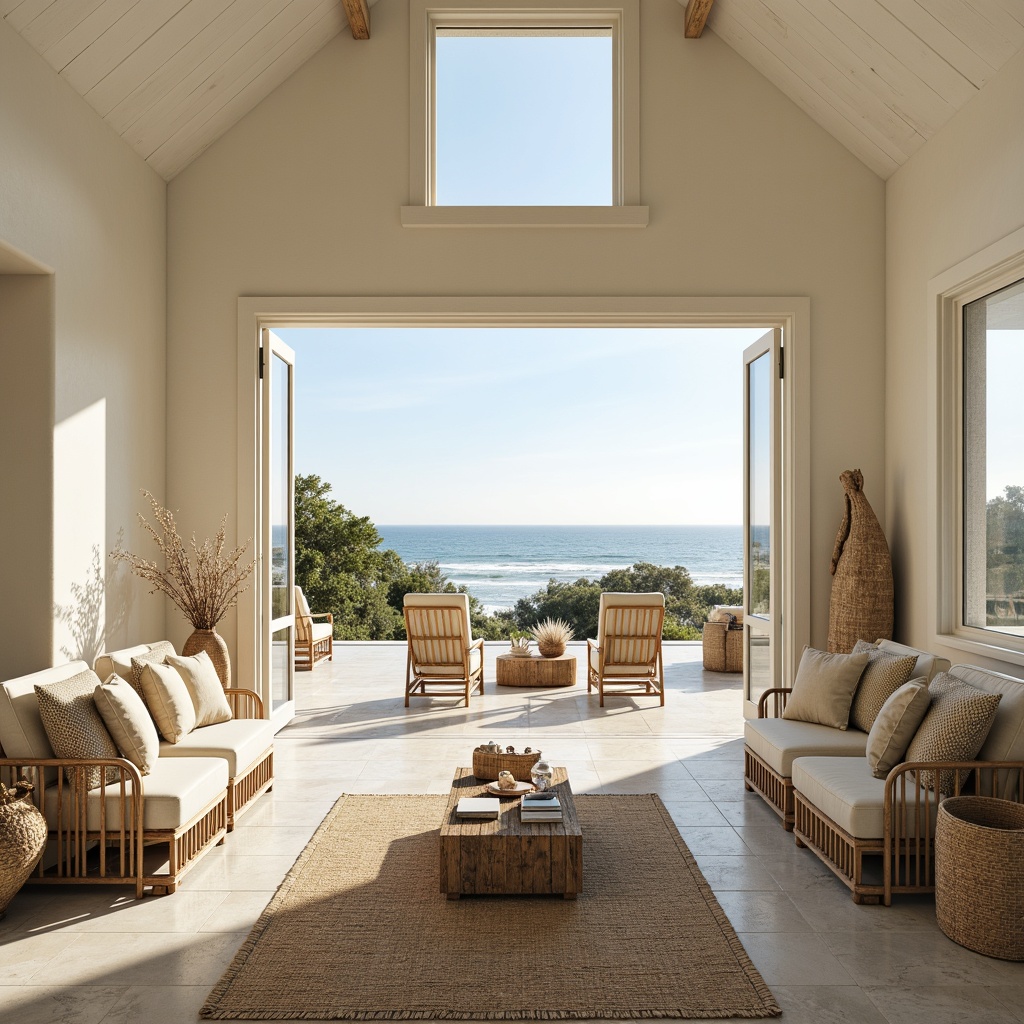 Prompt: Coastal style villa, large windows, sliding glass doors, white wooden frames, beachside location, ocean views, sunny day, soft warm lighting, shallow depth of field, 3/4 composition, panoramic view, realistic textures, ambient occlusion, natural stone flooring, woven sea grass rugs, driftwood decorations, shell accents, light beige walls, creamy white ceilings, nautical themed accessories, minimal ornamentation, airy open spaces, vaulted ceilings, skylights, clerestory windows.