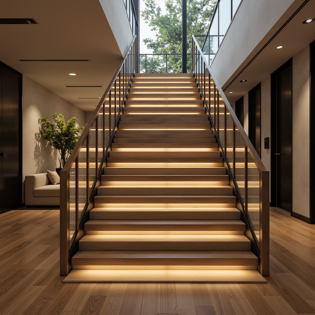 Prompt: Modern staircase design, sleek metal railings, minimalist aesthetic, LED strip lighting, warm ambient glow, subtle shadows, polished chrome accents, glass balustrades, floating steps, open risers, natural wood tones, suspended fixtures, soft diffused light, dramatic vertical emphasis, 1/2 composition, realistic reflections, detailed textures.