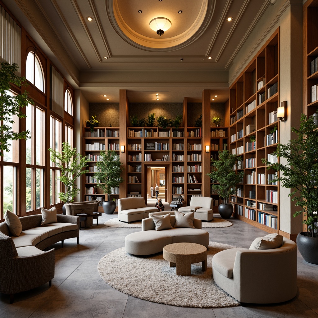 Prompt: Cozy library atmosphere, warm beige walls, rich wood accents, comfortable seating areas, floor-to-ceiling bookshelves, soft warm lighting, earthy tone color scheme, muted greenery, natural stone flooring, elegant reading nooks, vintage book collections, classic literature displays, serene ambiance, calming color palette, soothing blue tones, creamy whites, subtle texture variations, realistic wood grain patterns, shallow depth of field, 1/1 composition.