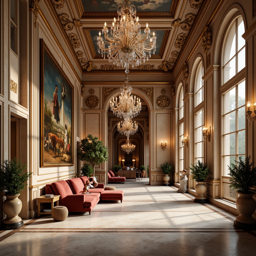 Prompt: Elegant neoclassical interior, ornate moldings, luxurious velvet fabrics, intricate marble patterns, gilded frames, crystal chandeliers, soft warm lighting, rich wood tones, polished bronze accents, subtle texture contrasts, refined proportions, symmetrical compositions, sophisticated color palette, creamy whites, muted golds, deep reds, ornamental frescoes, classical columns, carved wooden paneling, lavish drapery, atmospheric shadows, shallow depth of field, 1/1 composition, realistic reflections.