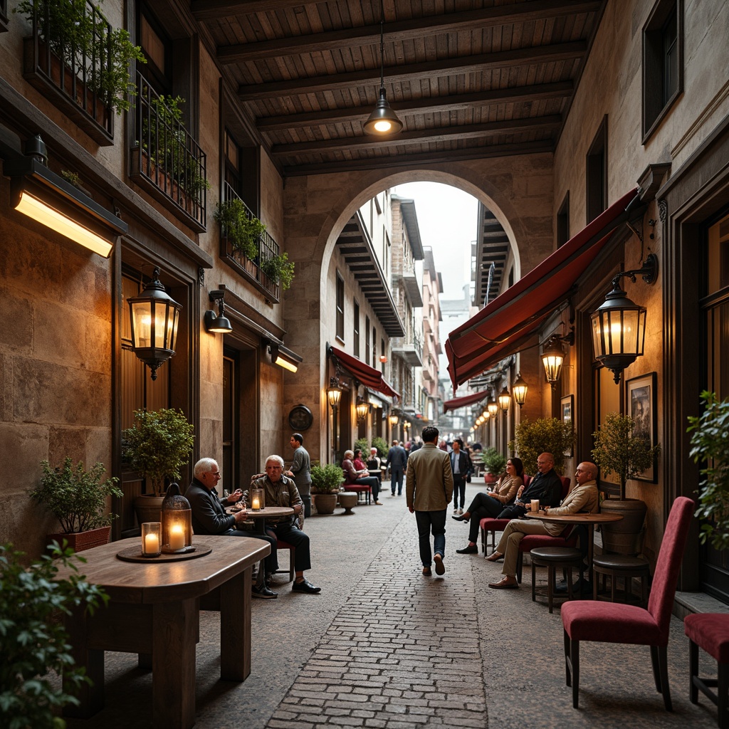 Prompt: Rustic market square, vintage lanterns, ornate fountains, aged stone walls, distressed wooden beams, classical columns, ornamental moldings, rich velvet fabrics, golden accents, lavish chandeliers, intricately carved furnishings, warm earthy tones, soft candlelight, shallow depth of field, 1/2 composition, realistic textures, ambient occlusion.