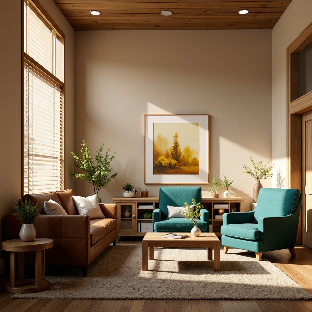 Prompt: Cozy living room, warm beige walls, rich brown leather sofas, vibrant turquoise accent chairs, plush area rugs, soft golden lighting, natural wood coffee tables, minimalist metal frames, elegant glass vases, blooming greenery, calming atmosphere, shallow depth of field, 1/1 composition, realistic textures, ambient occlusion.