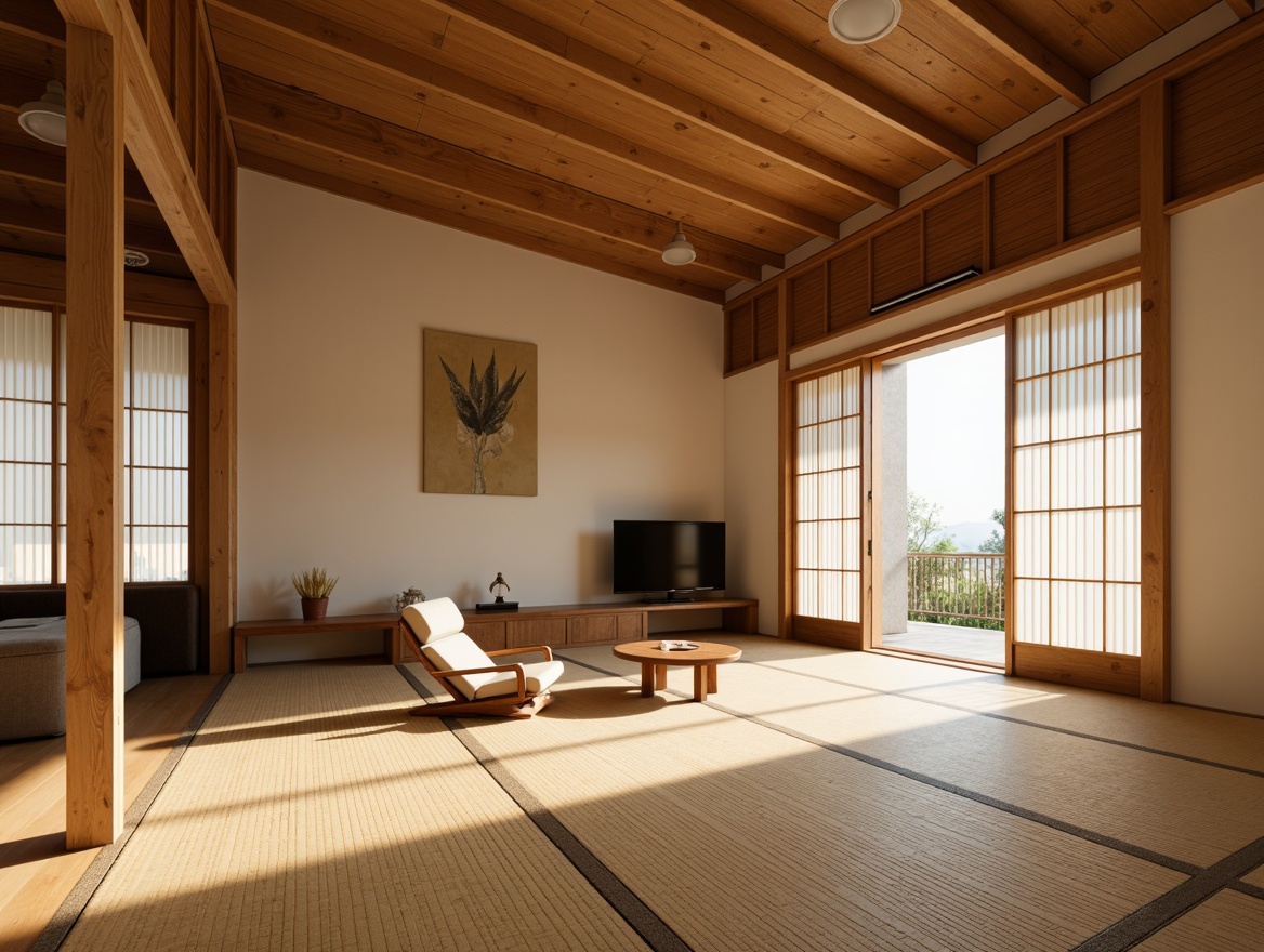 Prompt: Traditional Japanese tatami rooms, natural bamboo flooring, warm wood tones, handcrafted wooden accents, subtle rice paper textures, minimalist design, serene ambiance, soft diffused lighting, 3/4 composition, shallow depth of field, realistic wood grains, ambient occlusion.