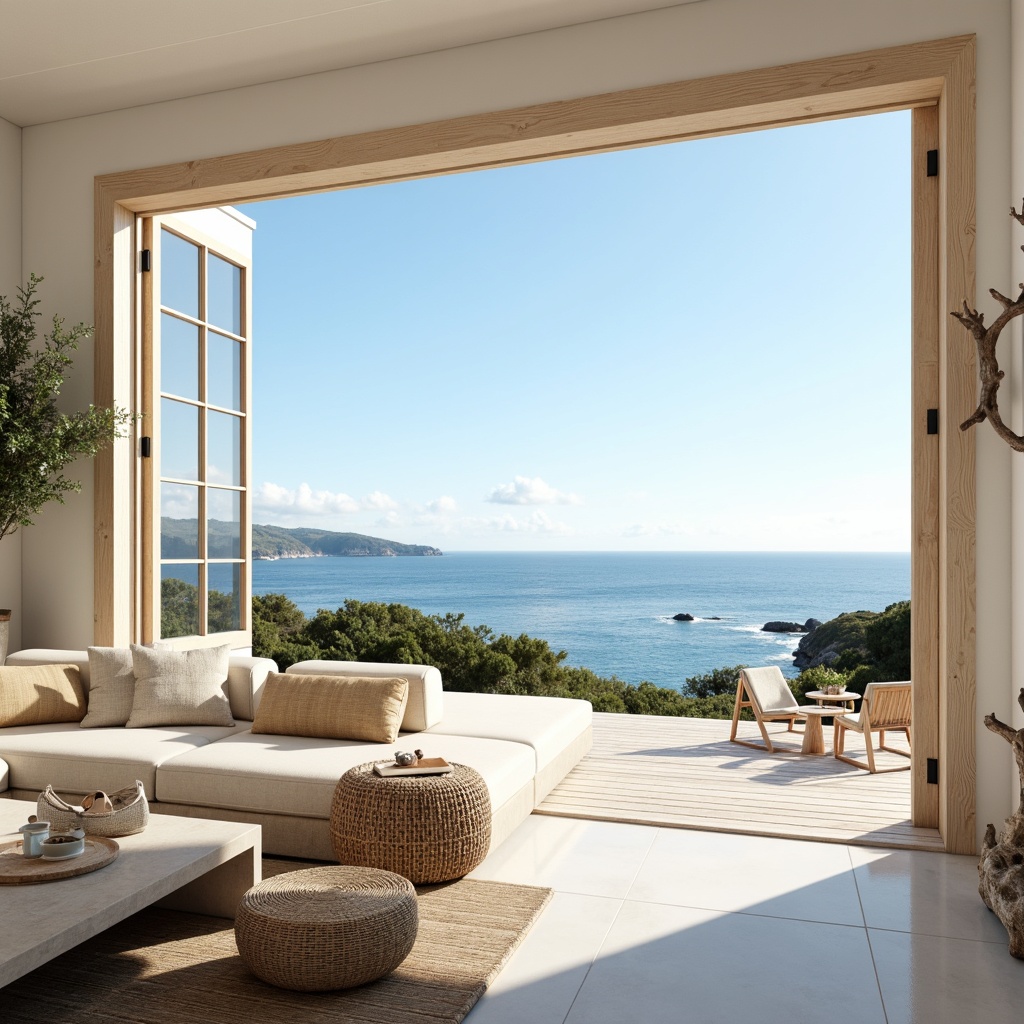 Prompt: Coastal villa, large windows, sliding glass doors, minimal window frames, bright white walls, light wood accents, natural textiles, woven fibers, ocean views, endless blue horizon, clear sky, warm sunny day, soft diffused lighting, low contrast ratio, 1/1 composition, symmetrical framing, relaxed atmosphere, organic shapes, driftwood decorations, sea salt air, gentle breeze, sound of waves.