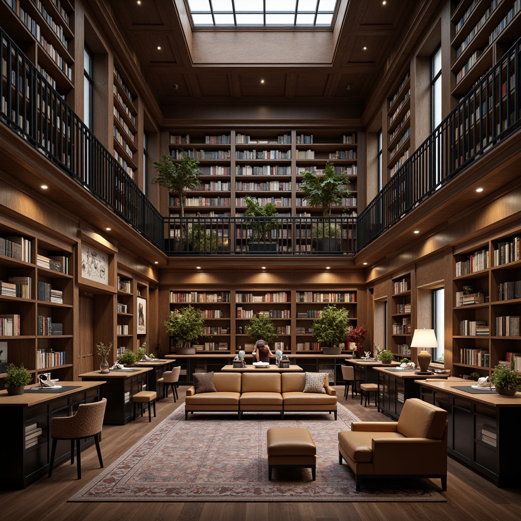 Prompt: Elegant academic library, rich wood tones, ornate metalwork, vintage book collections, leather-bound tomes, subtle warm lighting, cozy reading nooks, comfortable plush armchairs, wooden ladder bookshelves, minimalist decor, neutral color palette, modern shelving units, geometric patterns, industrial chic accents, reclaimed wood textures, distressed finishes, atmospheric misting, shallow depth of field, 1/1 composition, realistic renderings.