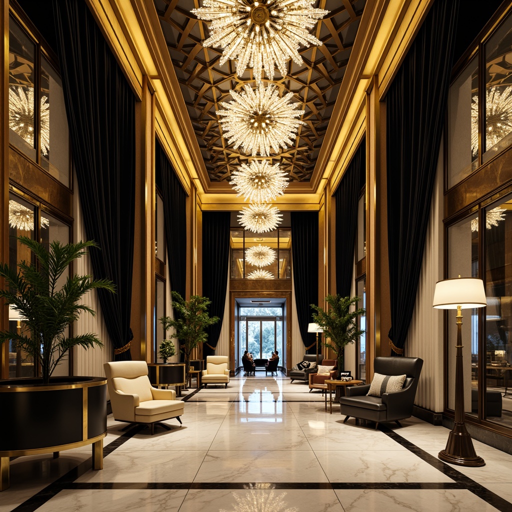 Prompt: Luxurious hotel lobby, ornate metallic accents, polished chrome fixtures, glossy marble floors, rich velvet drapes, intricate geometric patterns, glamorous crystal chandeliers, bold black and gold color scheme, opulent furnishings, curved lines, scalloped edges, sunburst motifs, luxurious fabrics, soft warm lighting, shallow depth of field, 3/4 composition, realistic reflections, ambient occlusion.