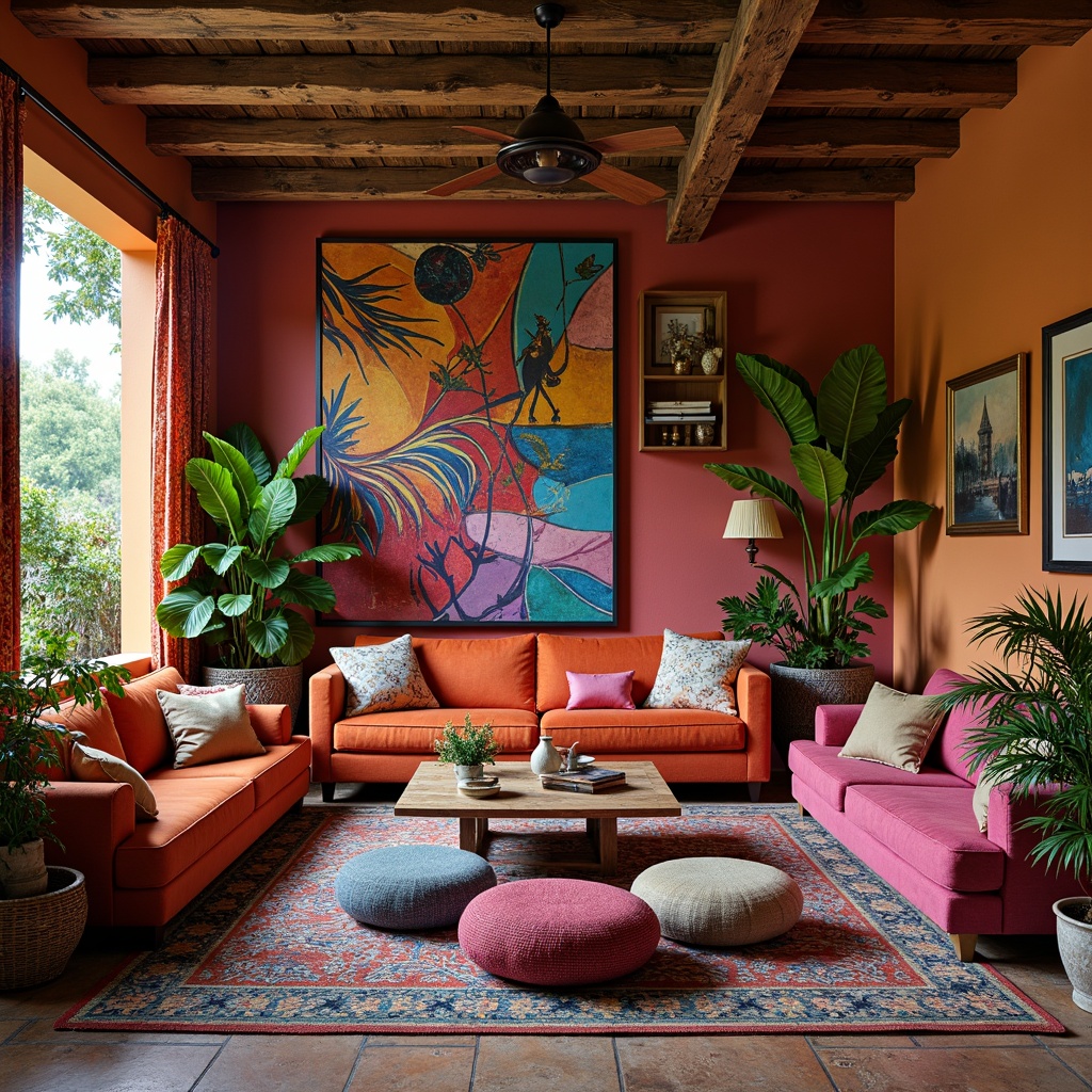 Prompt: Vibrant bohemian living room, eclectic furniture mix, plush velvet sofas, Moroccan-inspired tiles, colorful woven textiles, global pattern mashup, distressed wood accents, industrial metal lighting, lush greenery, abstract artwork, bold colorful walls, natural stone flooring, cozy reading nooks, oversized floor pillows, layered window treatments, warm ambient lighting, 1/1 composition, soft focus blur.