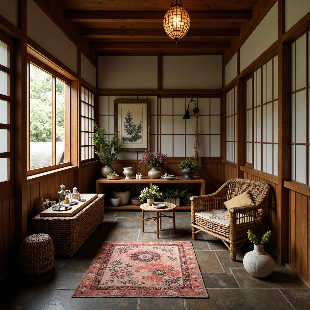 Prompt: Traditional Asian craft room, natural wood accents, sliding shoji doors, paper lanterns, woven bamboo furniture, intricate carvings, vibrant silk fabrics, hand-painted ceramics, rustic stone flooring, subtle warm lighting, soft diffused shadows, shallow depth of field, 1/2 composition, intimate cozy atmosphere, organic textures, delicate ornaments, gentle color palette.