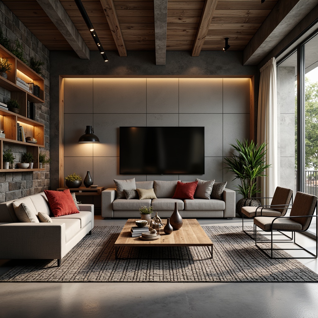 Prompt: Modern living room, sleek coffee table, tufted velvet sofa, industrial metal chairs, reclaimed wood shelves, minimalist TV stand, geometric patterned rug, warm ambient lighting, 3/4 composition, soft focus, cozy atmosphere, natural stone walls, urban loft interior, eclectic decorative accents, vibrant colorful throw pillows.