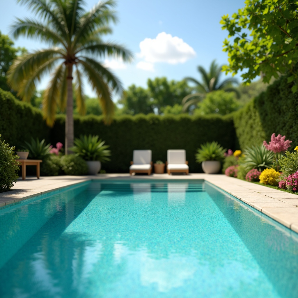 Prompt: Vibrant turquoise pool water, sleek modern pool deck, warm beige stone coping, lush green tropical plants, colorful summer flowers, sunny day, soft natural lighting, shallow depth of field, 3/4 composition, realistic water textures, ambient occlusion.