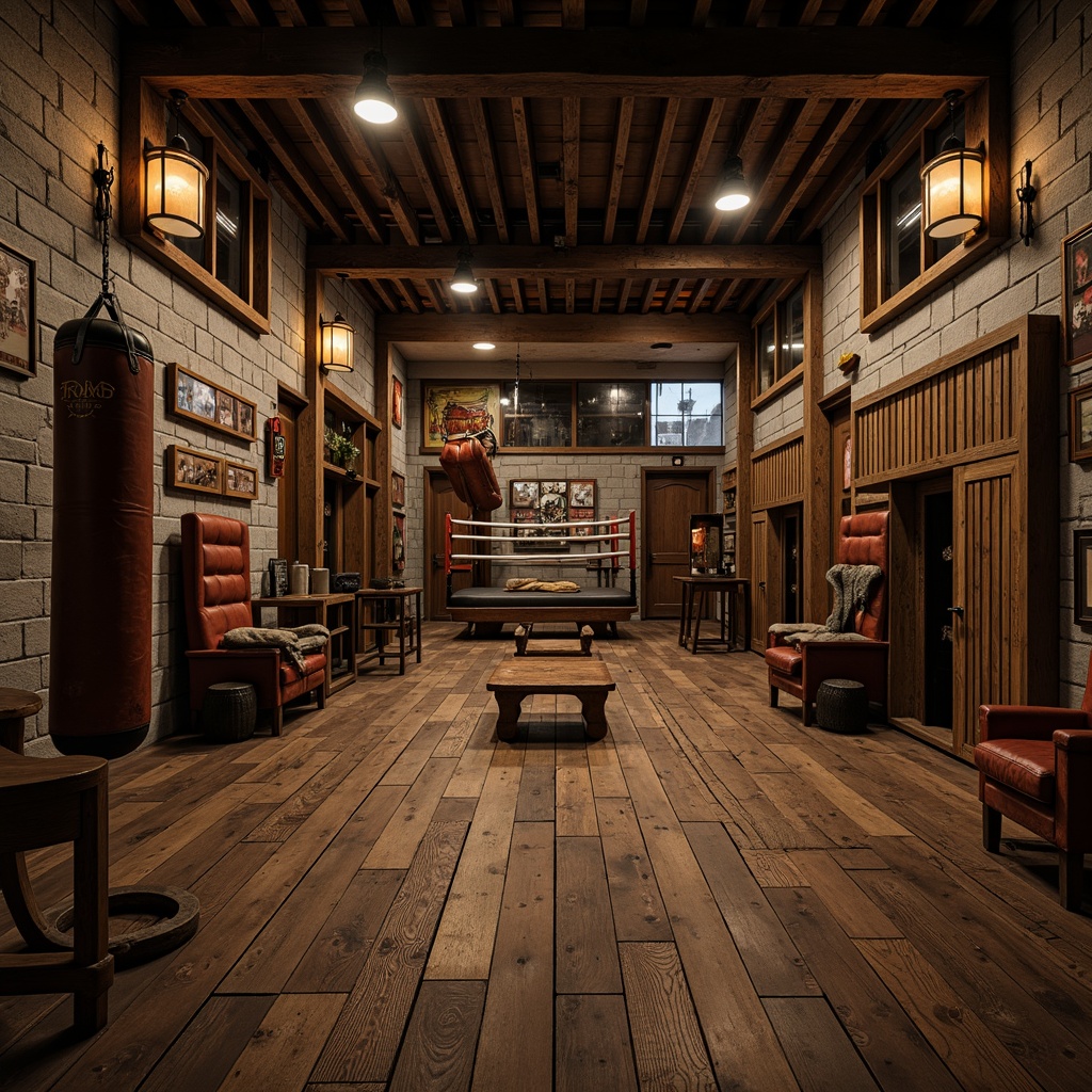 Prompt: Rustic wooden floors, distressed finishes, dark-stained planks, vintage athletic equipment, nostalgic sports memorabilia, dimly lit atmosphere, warm color schemes, leather-bound punching bags, wooden lockers, retro-style fitness machines, classic boxing rings, polished metal accents, natural stone walls, earthy tones, ambient lighting, shallow depth of field, 2/3 composition, realistic textures, soft focus effect.