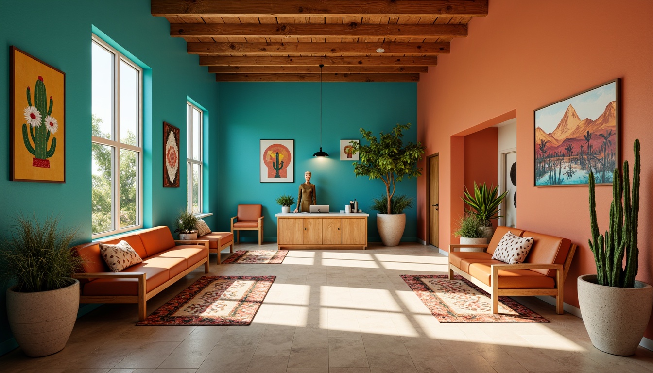 Prompt: \Vibrant southwestern dental clinic, turquoise accents, earthy terracotta walls, sandy beige floors, warm wooden furnishings, geometric patterned rugs, Native American-inspired textiles, bold cactus greenery, modern minimalist decor, sleek metal equipment, bright LED lighting, shallow depth of field, 1/1 composition, realistic textures, ambient occlusion.\