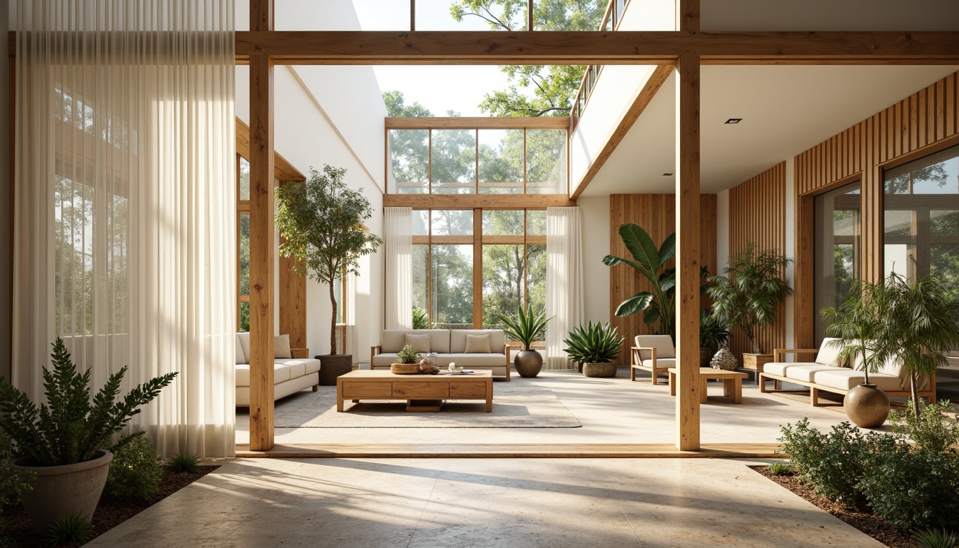 Prompt: Bright airy interior, large windows, sliding glass doors, minimalist decor, natural stone flooring, reclaimed wood accents, greenery walls, hanging plants, skylights, clerestory windows, open floor plan, high ceilings, sheer curtains, soft diffused lighting, warm beige color scheme, organic textures, earthy tone palette, morning sunlight, indirect illumination, 1/1 composition, shallow depth of field, realistic reflections, ambient occlusion.