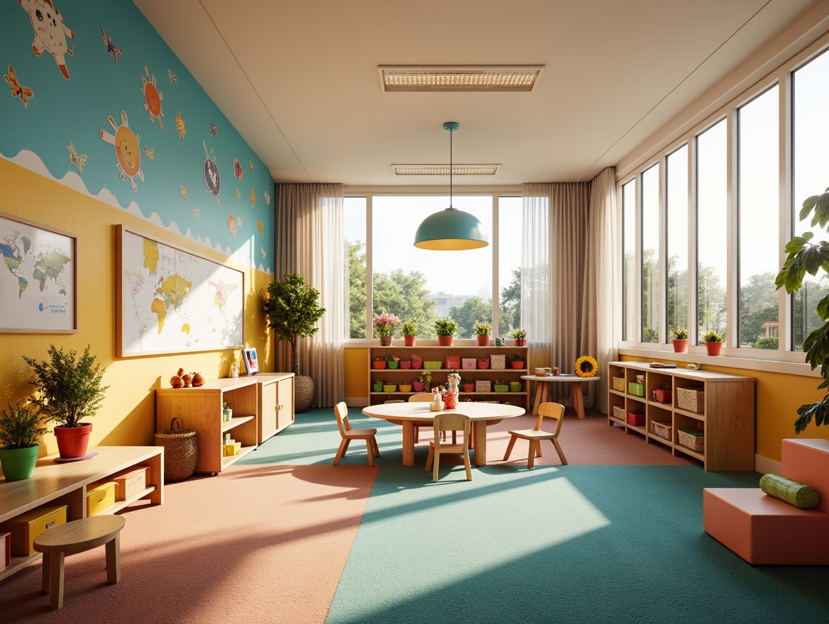 Prompt: Vibrant kindergarten classroom, playful color scheme, child-friendly furniture, soft carpet flooring, educational wall decals, interactive whiteboards, rounded wooden tables, tiny chairs, colorful storage bins, natural light pouring in, large windows, translucent curtains, blooming plants, gentle warm lighting, shallow depth of field, 3/4 composition, panoramic view, realistic textures, ambient occlusion.