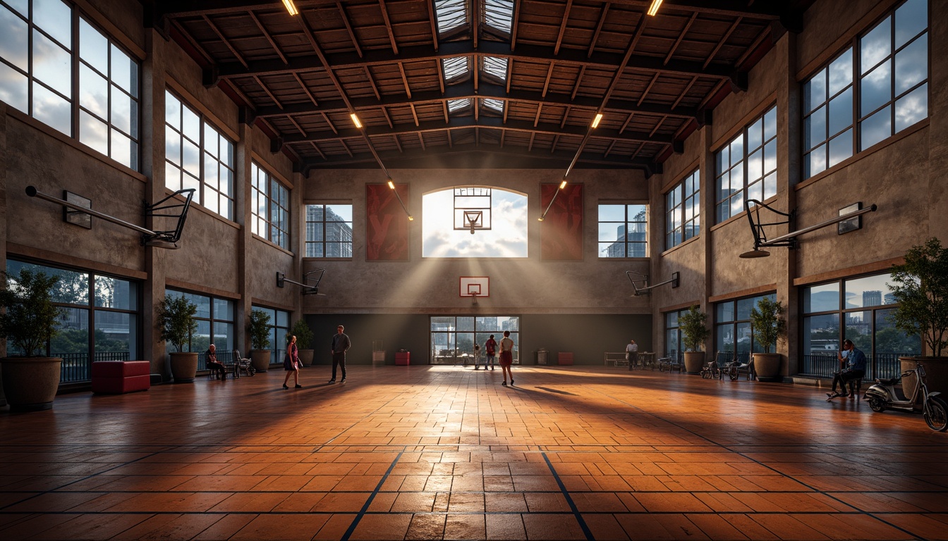 Prompt: Dramatic gymnasium interior, Expressionist architecture style, bold color palette, dynamic lighting effects, high-contrast shadows, warm glow of metal halide lamps, softboxes with diffused light, backlit translucent panels, accentuated spotlights on athletic equipment, rhythmic patterns of floor tiles, rustic wooden flooring, industrial-style metal beams, vaulted ceilings, large windows with urban views, cloudy day with soft natural light, cinematic composition, high-dynamic-range imaging, realistic textures, ambient occlusion.