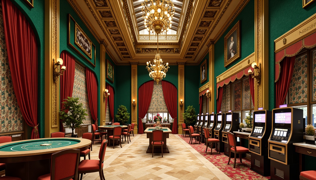 Prompt: Luxurious casino interior, ornate Art Nouveau details, rich jewel-toned colors, emerald green walls, sapphire blue accents, ruby red velvet drapes, golden metallic ornaments, intricate mosaics, curved lines, organic patterns, opulent chandeliers, soft warm lighting, warm beige marble floors, lavish furnishings, ornate mirrors, gilded frames, vintage slot machines, luxurious textiles, subtle gradient effects, 1/2 composition, realistic reflections, ambient occlusion.