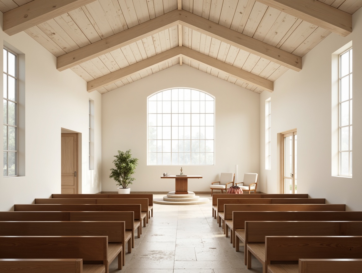 Prompt: Minimalist church interior, light-filled nave, wooden pews, simplistic altar, Nordic-inspired architecture, whitewashed walls, vaulted ceilings, clerestory windows, natural stone floors, subtle lighting, serene atmosphere, soft warm glow, 1/1 composition, shallow depth of field, realistic textures, ambient occlusion, calm and peaceful ambiance.