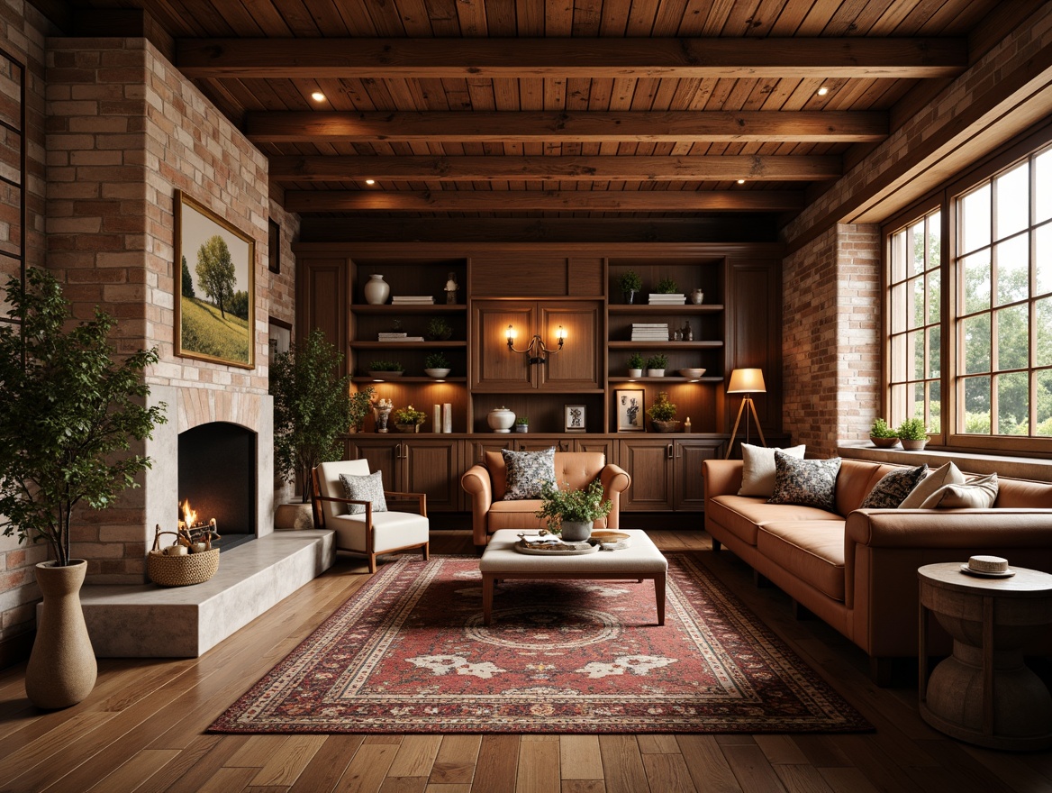 Prompt: Warm wood tones, natural textures, earthy color palette, distressed wood flooring, wooden beams, exposed brick walls, vintage metal hardware, ornate ceramic tiles, rich leather upholstery, plush area rugs, rustic metal lighting fixtures, soft warm glow, cozy atmosphere, inviting seating areas, built-in wooden cabinetry, decorative trims, classic furniture pieces, natural stone fireplaces, earthy scents, 1/1 composition, realistic textures, ambient occlusion.