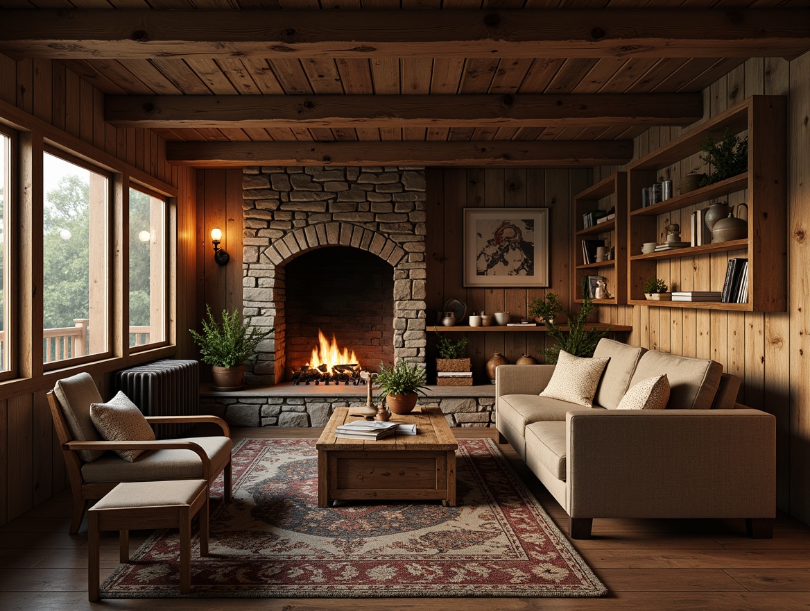 Prompt: Rustic wooden furniture, distressed finishes, vintage metal accents, natural fabrics, earthy color palette, stone fireplace, wooden beam ceiling, reclaimed wood walls, cozy cabin atmosphere, warm candlelight, soft shadows, shallow depth of field, 1/1 composition, realistic textures, ambient occlusion.