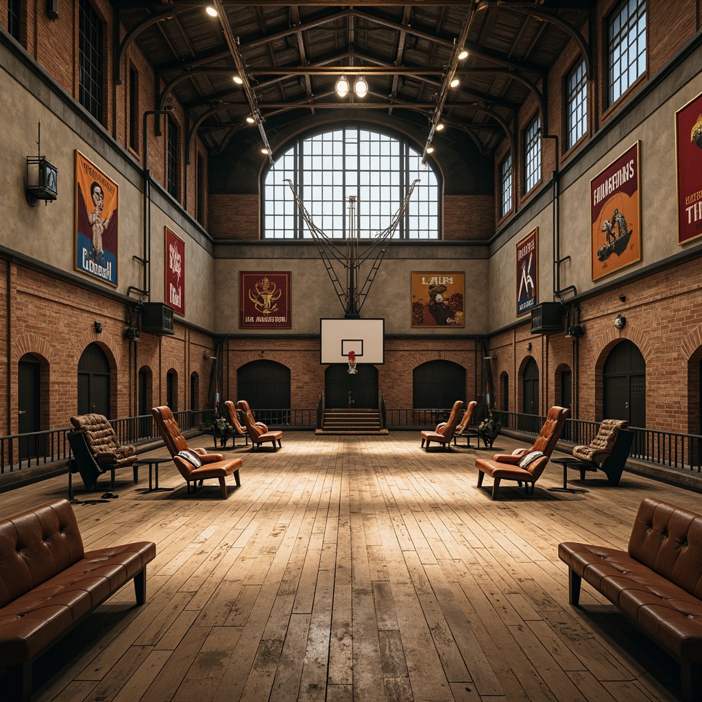 Prompt: Rustic gymnasium interior, distressed wooden floors, exposed brick walls, metallic beams, industrial lighting fixtures, vintage athletic equipment, worn leather benches, faded championship banners, earthy color palette, rough-hewn stone accents, reclaimed wood textures, warm atmospheric lighting, high contrast shadows, dramatic archways, expressive brushstroke patterns, abstract expressionist artwork, dynamic angular compositions, bold graphic elements.