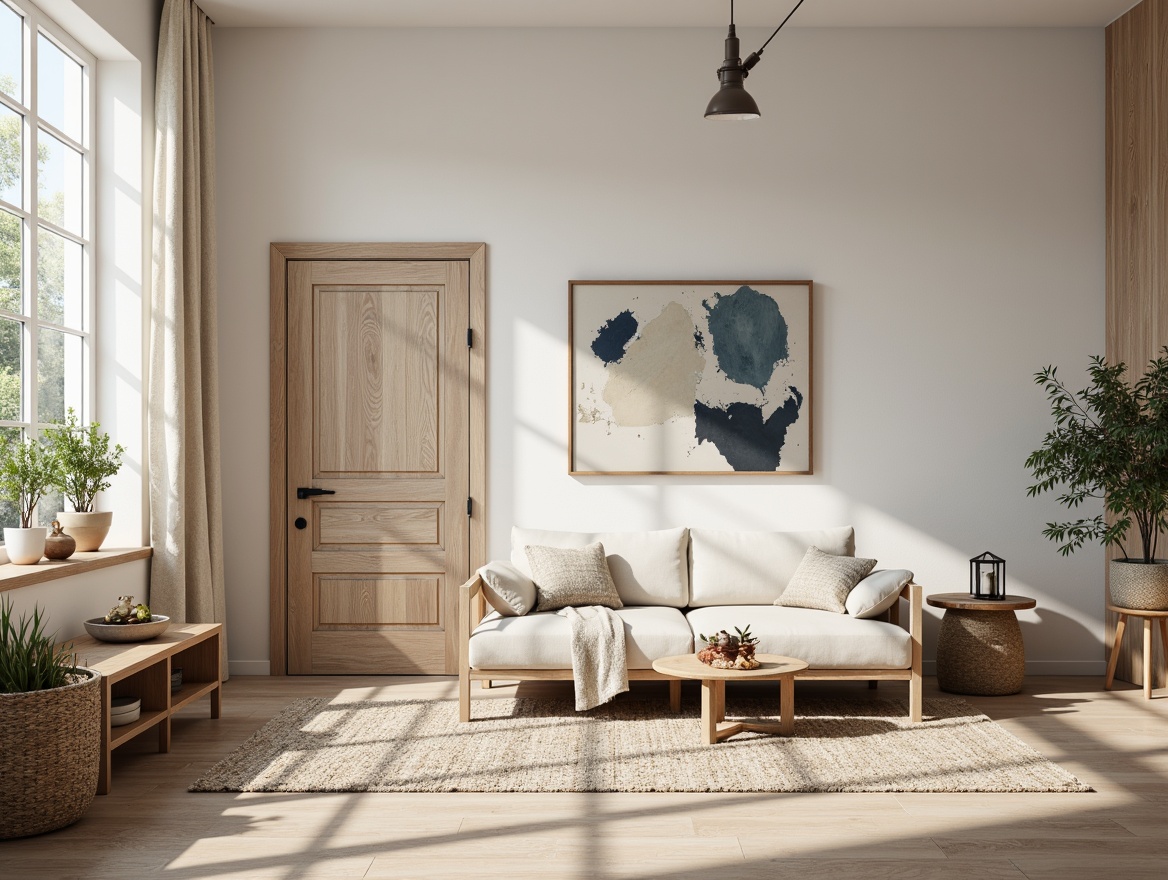 Prompt: Minimalist Nordic interior, soft creamy whites, warm beige tones, rich wooden accents, calming blues, muted greens, earthy terracotta hues, natural textiles, woven baskets, distressed wood furniture, industrial metal lighting, geometric patterns, subtle contrast, atmospheric misting, shallow depth of field, 1/2 composition, realistic reflections, ambient occlusion.