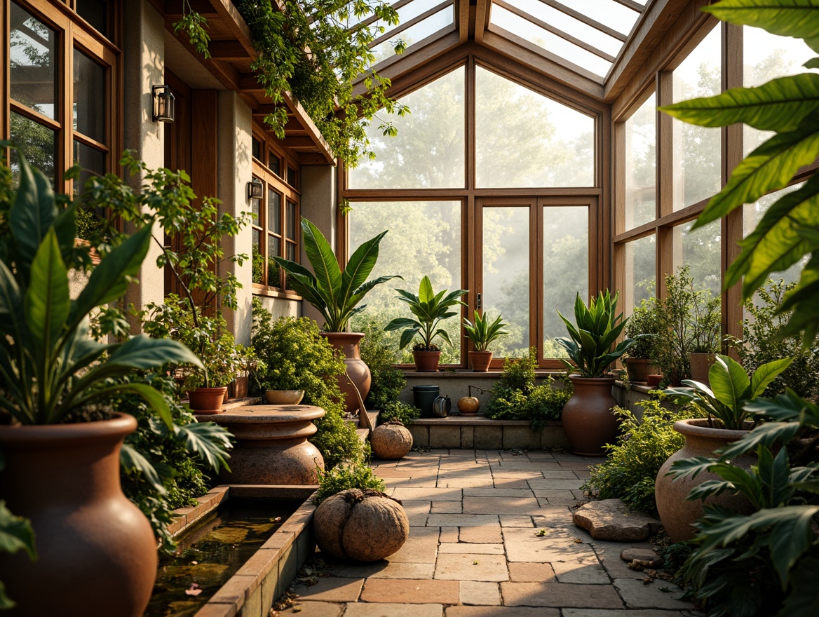 Prompt: Vibrant greenhouse, lush foliage, tropical plants, warm natural light, misty atmosphere, rustic wooden accents, earthy terracotta pots, soft moss textures, delicate flower petals, gentle water features, serene ambiance, warm beige walls, distressed metal frames, vintage gardening tools, whimsical illustrations, eclectic decorative elements, playful color blocking, bold brushstrokes, expressive textures, atmospheric perspective, 1/2 composition, soft focus blur, warm golden lighting.