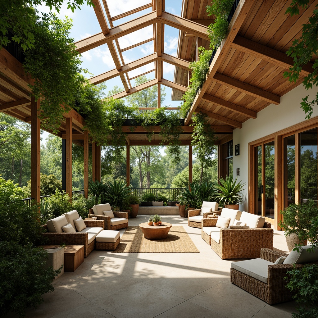 Prompt: Vibrant sunroom, lush greenery, natural materials, reclaimed wood accents, living walls, vertical gardens, organic shapes, earthy color palette, abundant sunlight, clerestory windows, skylights, sliding glass doors, indoor-outdoor connection, comfortable seating areas, woven textiles, natural fiber rugs, warm ambient lighting, soft shadows, 1/1 composition, intimate atmosphere, realistic plant textures, subtle animations.