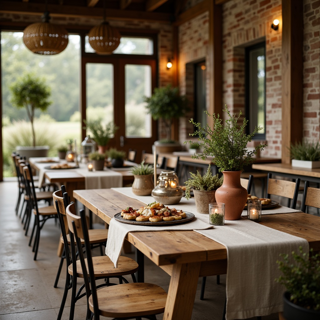 Prompt: Rustic wooden tables, vintage metal chairs, distressed finishes, natural linen tablecloths, earthy terracotta vases, potted greenery, candles in mercury glass holders, reclaimed wood accents, exposed brick walls, soft warm lighting, shallow depth of field, 3/4 composition, warm beige tones, cozy throw blankets, farmhouse-inspired decorations, antique metal lanterns, woven rattan baskets, fresh flowers in mason jars, classic country cuisine, idyllic rural scenery.