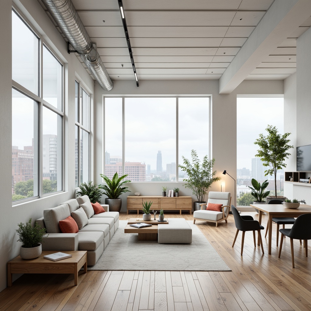 Prompt: Simple white walls, clean lines, industrial materials, functional furniture, minimalist decor, geometric shapes, primary color accents, natural light, open floor plans, sleek metal fixtures, wooden floors, sparse greenery, urban landscape views, cloudy day, soft diffused lighting, shallow depth of field, 2/3 composition, symmetrical framing, high contrast textures, subtle ambient occlusion.Let me know if you need any adjustments!