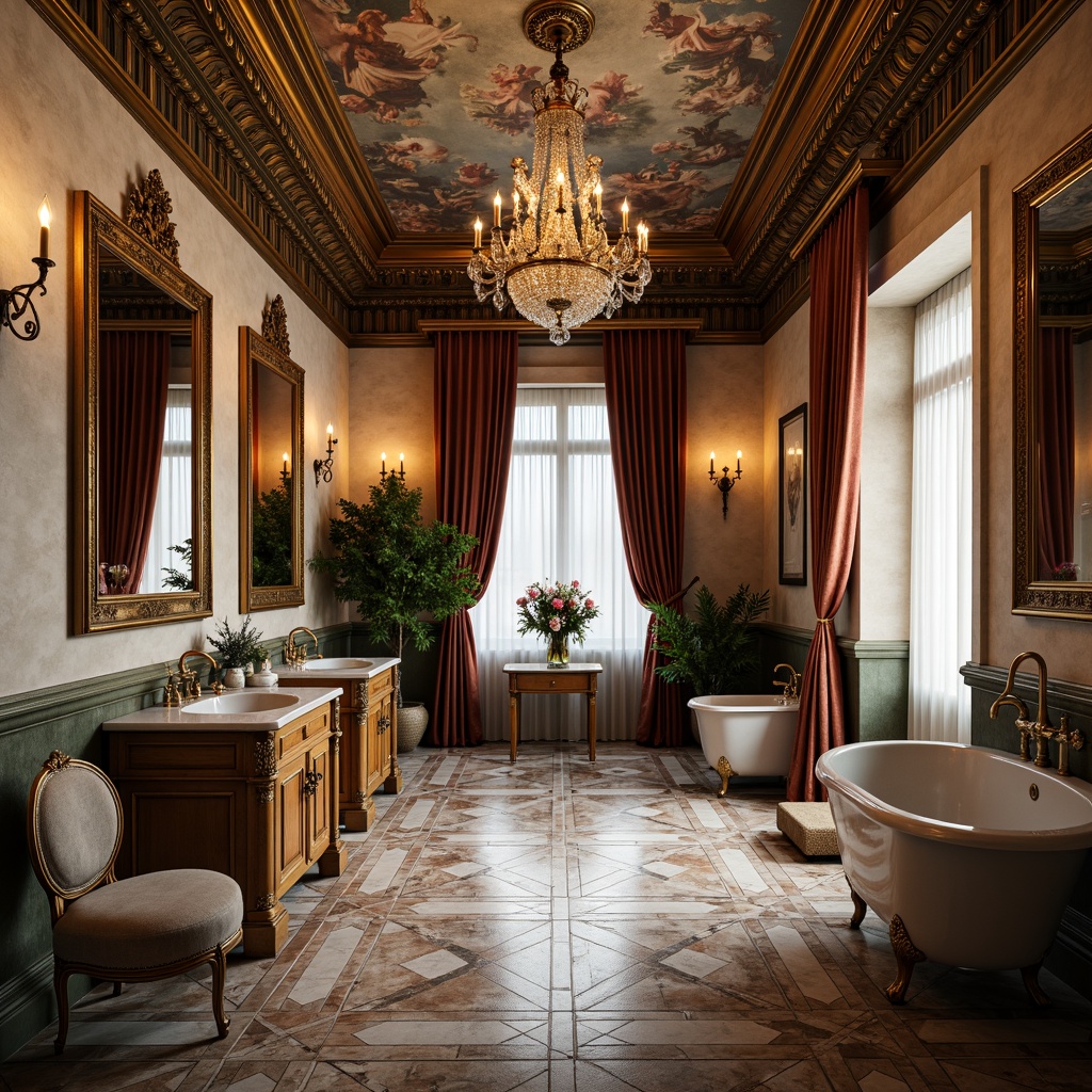 Prompt: Luxurious Renaissance bathroom, intricately patterned marble floors, ornate wooden cabinetry, gilded accents, lavish crystal chandeliers, soft warm lighting, ambient occlusion, shallow depth of field, 3/4 composition, textured stone walls, rich velvet drapes, antique bronze fixtures, elegant freestanding tubs, ornamental mirrors, frescoed ceilings, lavish floral arrangements, subtle earthy tones, realistic reflections, detailed architectural moldings.