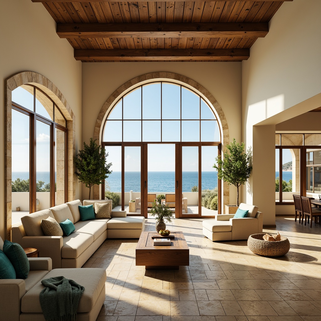 Prompt: Spacious great room, high ceilings, large windows, sliding glass doors, ocean views, warm natural light, beige stone floors, cream-colored walls, rustic wooden beams, elegant archways, curved lines, ornate tile work, turquoise accents, plush sectional sofas, velvet throw pillows, potted olive trees, fresh floral arrangements, soft warm lighting, shallow depth of field, 1/1 composition, panoramic view, realistic textures, ambient occlusion.