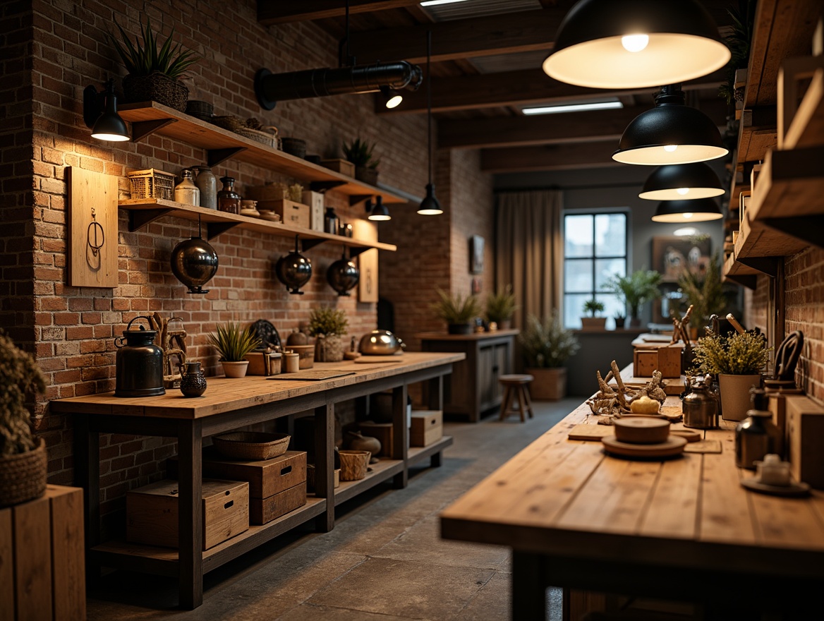 Prompt: Rustic wooden workbenches, vintage metal tools, earthy color palette, warm task lighting, industrial-style pendant lamps, reclaimed wood accents, exposed brick walls, wooden crates, metal lanterns, natural textiles, cozy atmosphere, soft warm glow, dramatic shadows, 1/2 composition, shallow depth of field, realistic textures, ambient occlusion.