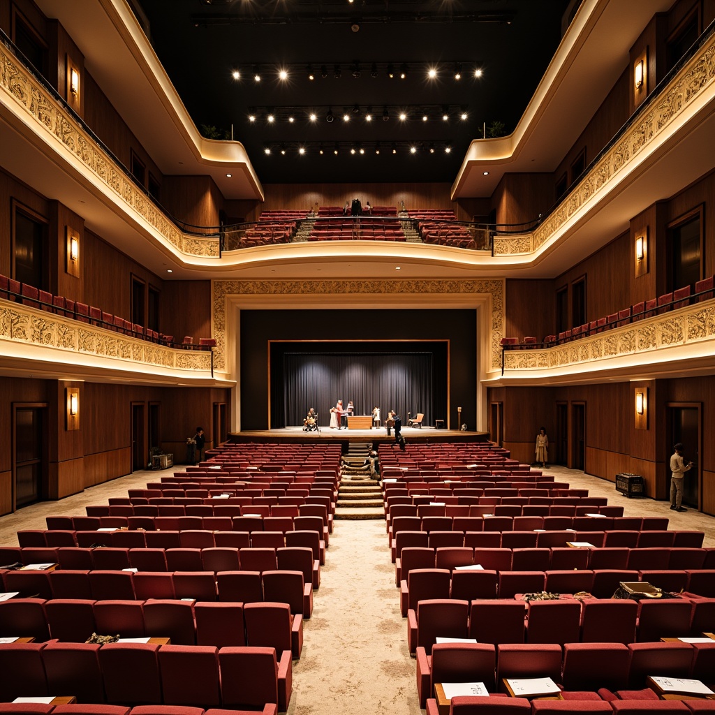 Prompt: Luxurious auditorium, transitional style design, velvet seats, curved rows, ornate balconies, golden accents, intricate moldings, soft warm lighting, tiered seating, comfortable cushions, elegant aisles, refined wooden floors, subtle carpeting, acoustic panels, state-of-the-art sound systems, minimalist stage design, dramatic spotlights, 1/2 composition, shallow depth of field, realistic textures, ambient occlusion.