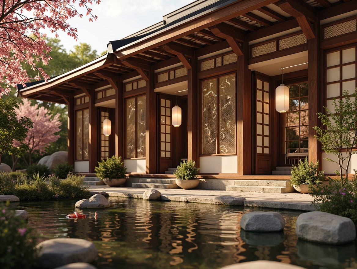 Prompt: Vibrant pagoda, intricately carved wooden doors, ornate paper lanterns, delicate cherry blossom patterns, traditional Japanese sliding screens, subtle silk fabrics, natural bamboo textures, serene koi pond, peaceful stone garden, warm golden lighting, shallow depth of field, 1/1 composition, realistic reflections, ambient occlusion.