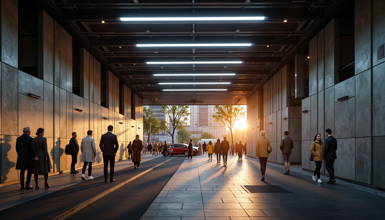 Prompt: Modern metro station, sleek concrete walls, futuristic lighting fixtures, suspended LED tubes, dynamic color changing lights, futuristic ambiance, high-contrast lighting, deep shadows, angular metal frames, minimalist design, industrial-chic aesthetic, urban atmosphere, busy commuter traffic, rush hour scenes, vibrant city life, warm golden lighting, soft glow effects, 1/1 composition, realistic textures, ambient occlusion.