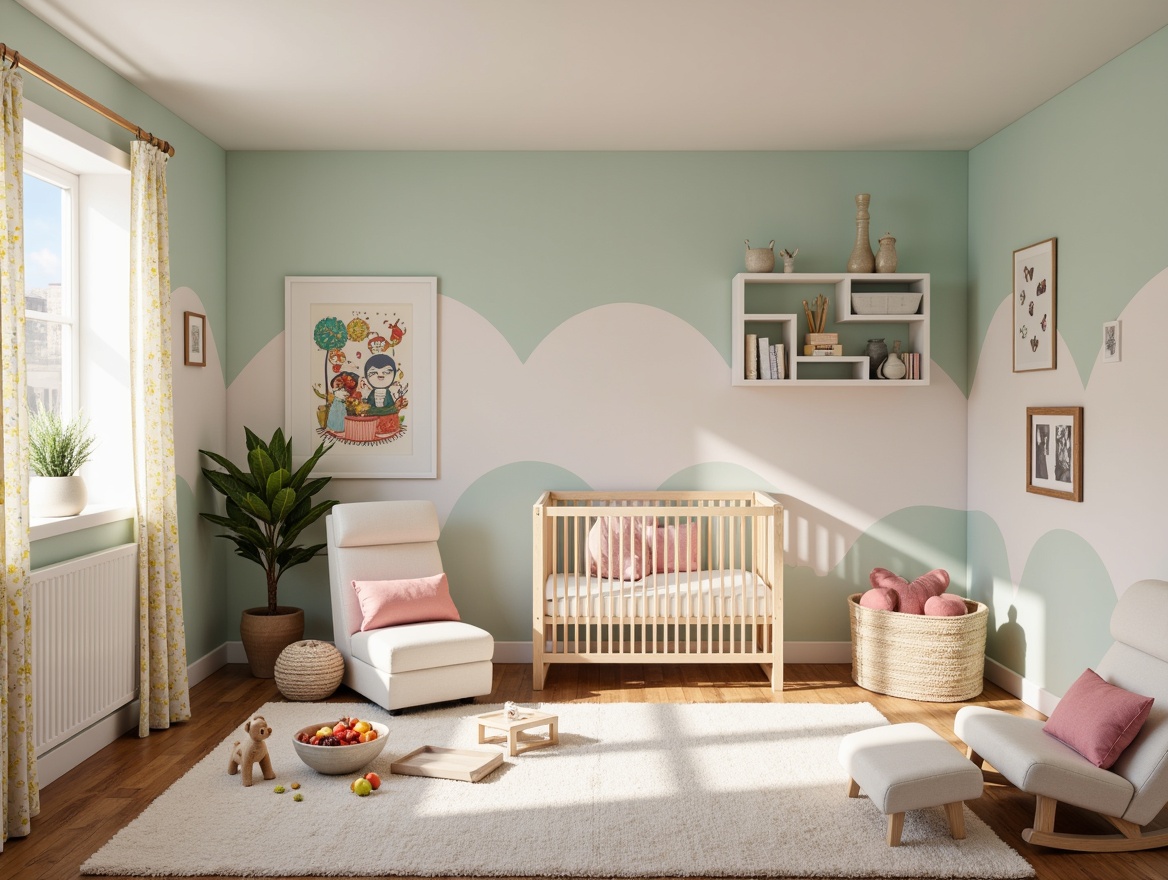 Prompt: Whimsical nursery, soft pastel colors, gentle curves, plush toys, baby-safe materials, ergonomic designs, adjustable heights, storage compartments, vibrant textiles, natural wood tones, playful patterns, educational wall art, cozy reading nooks, comfortable gliders, soothing color schemes, warm lighting, shallow depth of field, 1/1 composition, realistic textures, ambient occlusion.