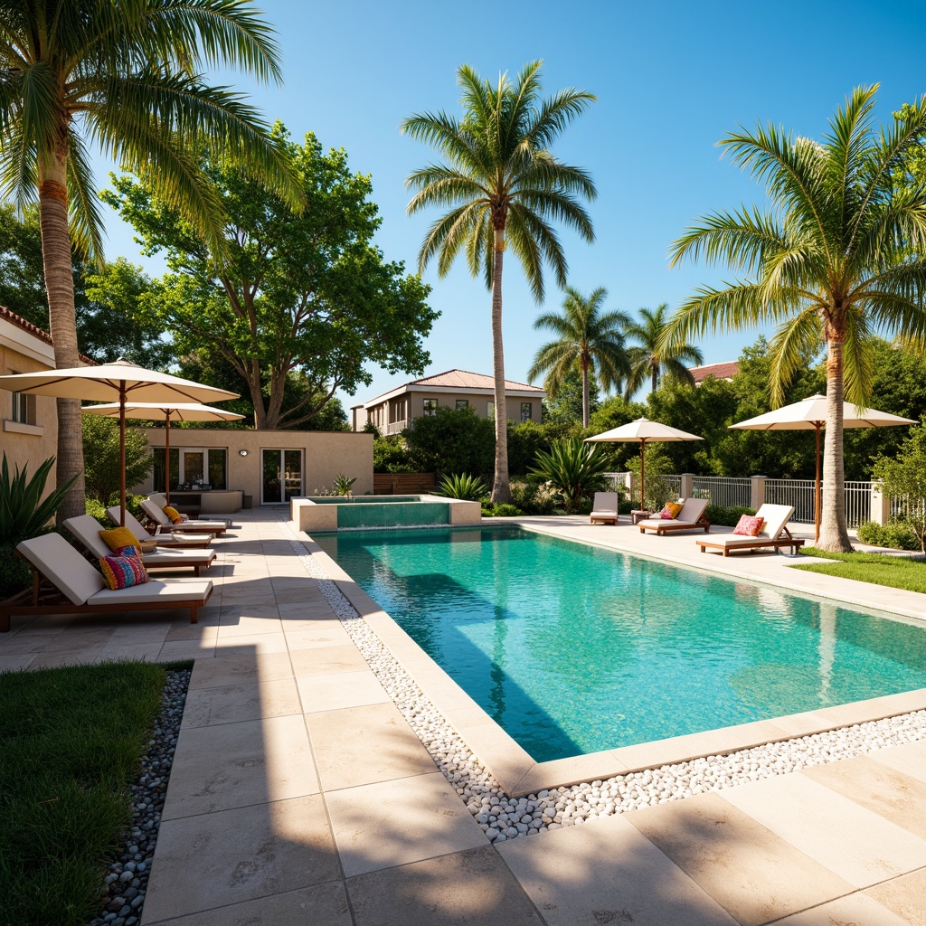 Prompt: Vibrant pool deck, turquoise water, sunny day, palm trees, lounge chairs, umbrellas, colorful throw pillows, mosaic tile accents, glass beads, LED lighting, waterfall feature, natural stone coping, saltwater-resistant materials, tropical plants, warm beige flooring, refreshing outdoor space, shallow depth of field, 1/2 composition, realistic reflections, ambient occlusion.