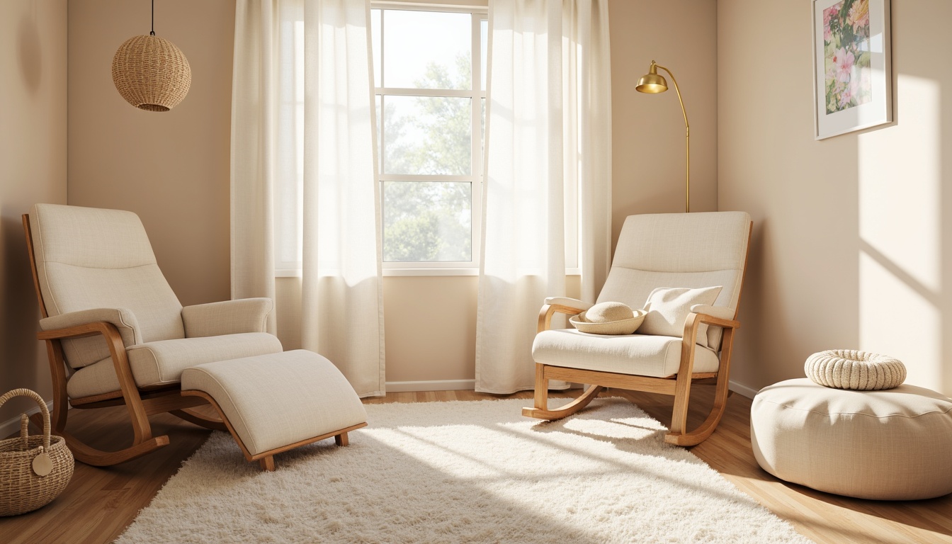 Prompt: Soft baby room, plush area rug, warm beige walls, gentle natural lighting, comfortable glider rocker, creamy white curtains, delicate floral patterns, pastel color palette, velvety soft fabrics, snuggle-up blankets, cozy throw pillows, organic cotton materials, subtle texture variations, calming ambiance, serene atmosphere, shallow depth of field, 1/1 composition, warm inviting colors, gentle color transitions.