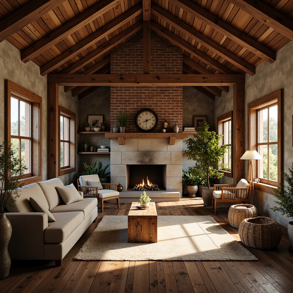 Prompt: Rustic farmhouse interior, warm wood tones, reclaimed wooden planks, distressed textures, vintage decor, natural light, earthy color palette, wooden beams, exposed brick walls, cozy nooks, plush furnishings, woven baskets, potted greenery, soft candlelight, shallow depth of field, 1/1 composition, realistic wood grain, ambient occlusion.