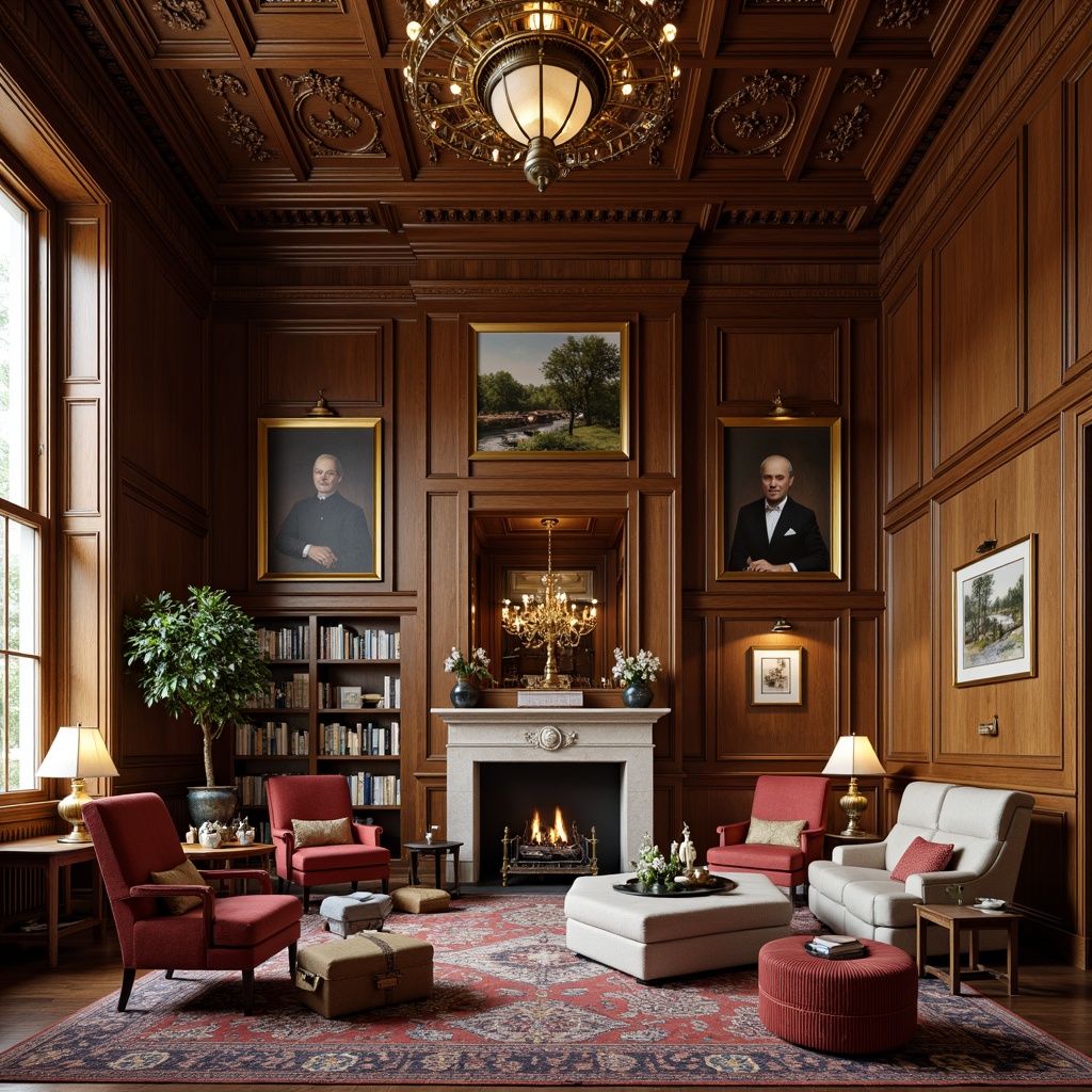 Prompt: Traditional academic great room, rich wood paneling, ornate ceiling details, comfortable seating areas, plush armchairs, velvet sofas, wooden coffee tables, classic bookshelves, decorative rugs, warm floor lamps, natural stone fireplaces, grand chandeliers, neutral color palette, soft warm lighting, 1/1 composition, realistic textures, ambient occlusion.