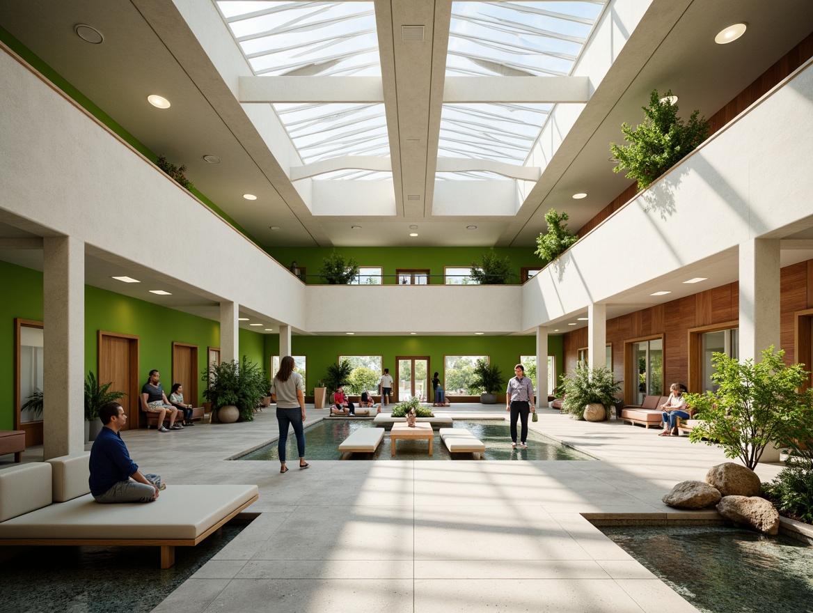 Prompt: Spacious rehabilitation center, natural light-filled atrium, green walls, wooden accents, comfortable seating areas, calming water features, modern medical equipment, open therapy rooms, minimalistic decor, soothing color schemes, ergonomic furniture, accessible ramps, wide corridors, abundant skylights, warm ambient lighting, shallow depth of field, 1/1 composition, realistic textures, ambient occlusion.