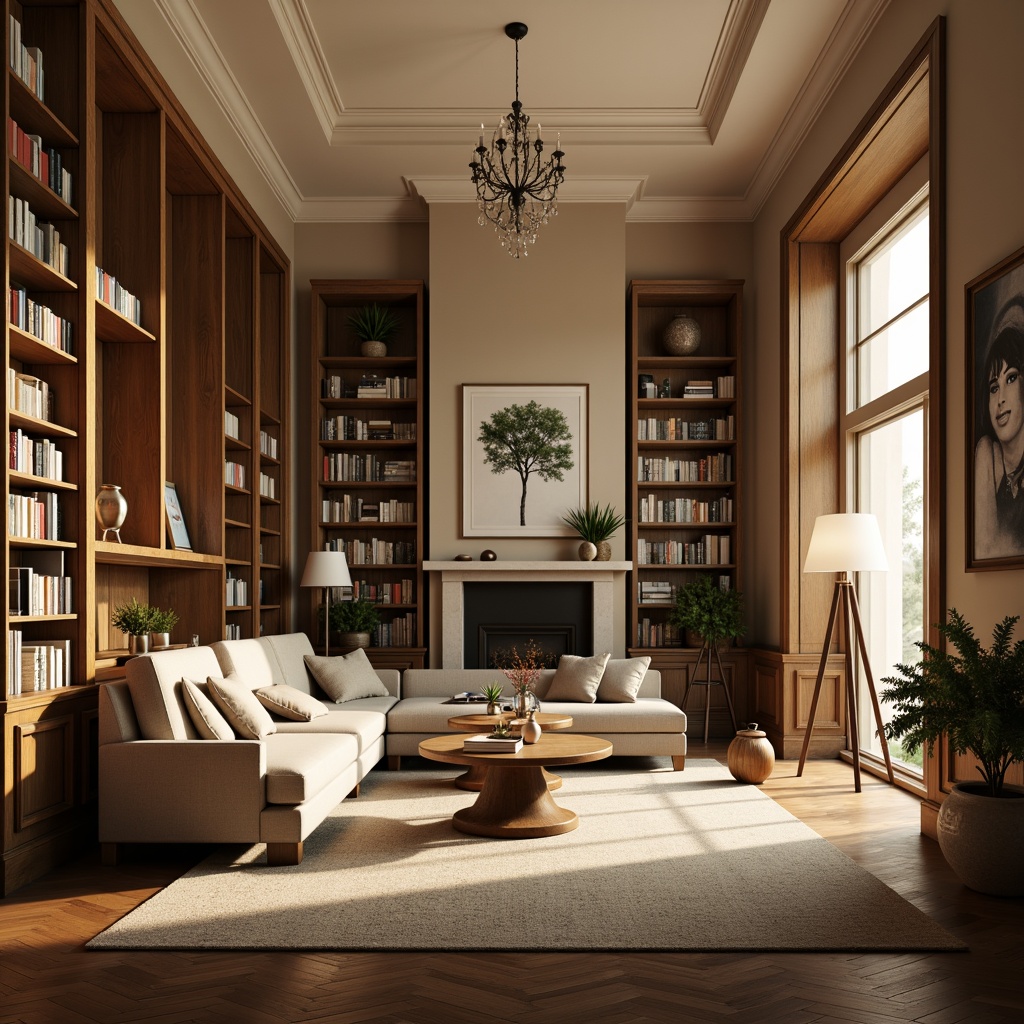 Prompt: Cozy academic apartments, warm beige walls, rich wood accents, soft carpeting, comfortable sofas, classic bookshelves, elegant chandeliers, table lamps, floor lamps, warm white lighting, subtle shadows, 1/2 composition, intimate atmosphere, natural textures, realistic reflections, morning sunlight, gentle glow, warm color temperatures.