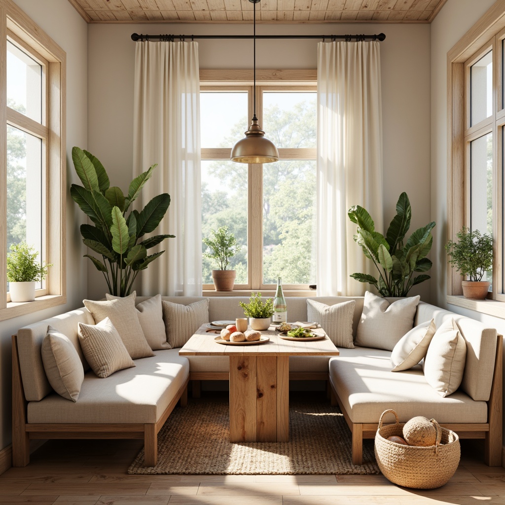 Prompt: Cozy breakfast nook, Scandinavian minimalist decor, light wood tones, creamy whites, soft pastels, woven textiles, natural fibers, plush area rug, comfortable banquettes, wooden bench seating, rustic wooden tables, pendant lighting fixtures, greenery accents, potted plants, earthy ceramics, organic shapes, morning sunlight, warm ambiance, shallow depth of field, 1/1 composition, realistic wood textures, ambient occlusion.