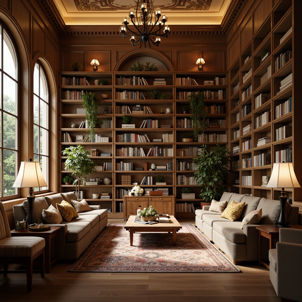 Prompt: Cozy library interior, warm wooden accents, plush armchairs, soft cushions, comfortable sofas, rustic coffee tables, vintage rugs, floor lamps, bookshelves, classic novels, peaceful atmosphere, natural light filtering, warm beige tones, earthy color palette, elegant archways, ornate moldings, sophisticated chandeliers, rich textiles, luxurious fabrics, inviting reading nooks, quiet study areas, soft background noise, shallow depth of field, 1/1 composition, intimate close-ups.