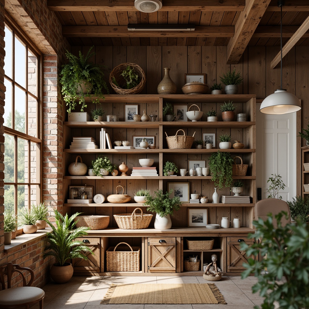 Prompt: Rustic farmhouse interior, reclaimed wood shelving, distressed finishes, vintage decorations, earthy color palette, natural textiles, woven baskets, potted greenery, exposed brick walls, wooden beams, soft warm lighting, cozy atmosphere, shallow depth of field, 1/1 composition, realistic textures, ambient occlusion.