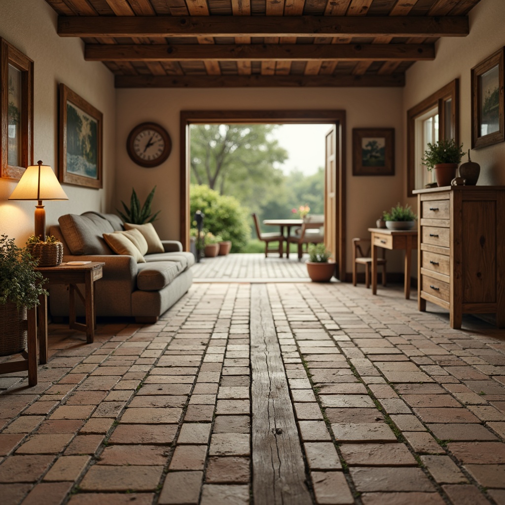 Prompt: Rustic farmhouse, traditional style, wooden flooring, distressed wood planks, reclaimed barn wood, weathered stone tiles, brick-patterned ceramic tiles, neutral color palette, earthy tones, natural textures, vintage charm, worn-out look, aged patina, soft warm lighting, shallow depth of field, 1/1 composition, realistic wood grains, ambient occlusion.