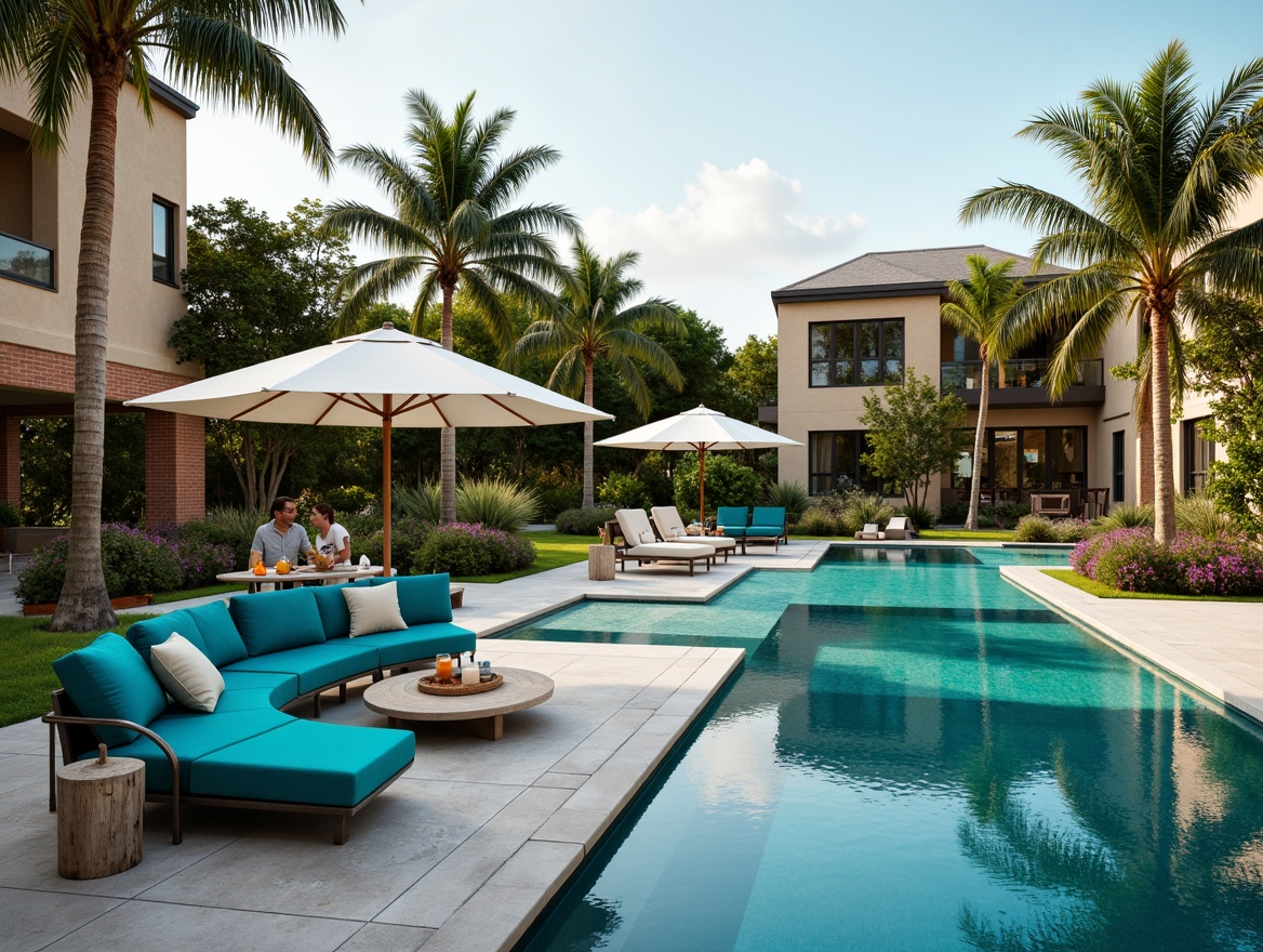 Prompt: Luxurious poolside, sleek modern furniture, minimalist metal frames, plush cushions, vibrant turquoise upholstery, tropical palm trees, sun-kissed deck, warm LED lighting, shallow water features, natural stone paving, rustic wooden accents, outdoor sectional sofas, oversized umbrellas, refreshing cocktails, lively summer vibes, 3/4 composition, soft focus, realistic textures.