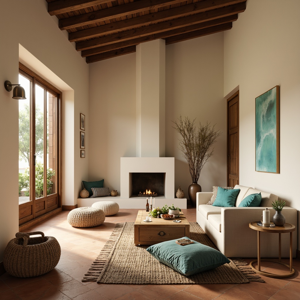 Prompt: Warm beige walls, rich walnut wood furniture, soft cream accents, calming turquoise decorations, natural linen upholstery, earthy terracotta flooring, warm bronze lighting fixtures, cozy throw blankets, organic textures, rustic wooden beams, serene ambiance, softbox lighting, 1/2 composition, realistic material rendering.