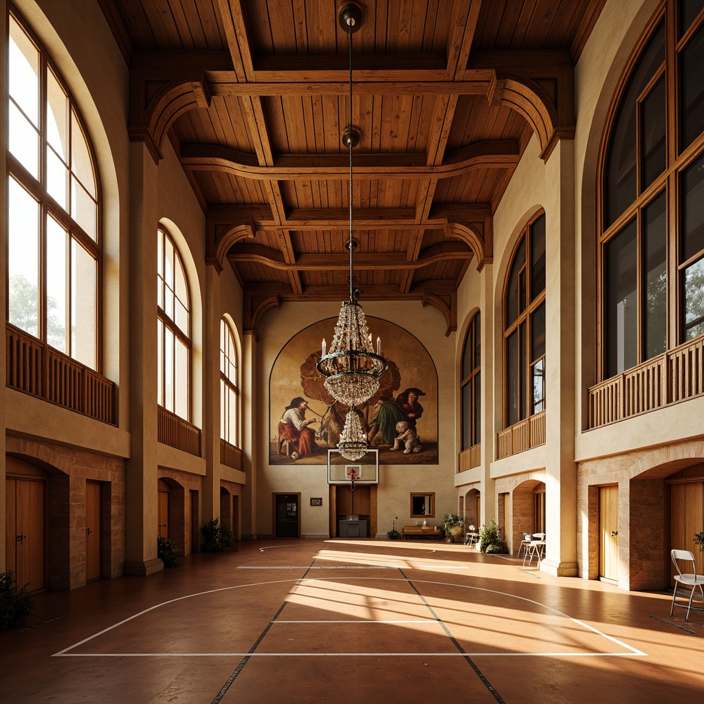 Prompt: Renaissance-style gymnasium, ornate columns, vaulted ceilings, rich wood tones, warm beige walls, terracotta flooring, athletic equipment, basketball hoops, sports nets, medieval-inspired murals, grand chandeliers, luxurious drapery, earthy color palette, warm golden lighting, soft focus, 1/2 composition, symmetrical framing, ornate details, realistic textures, subtle ambient occlusion.Please let me know if this meets your requirements!