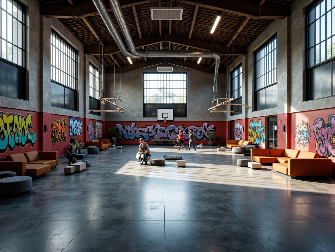 Prompt: Expressive gymnasium interior, bold color scheme, dynamic lighting, industrial materials, exposed ductwork, polished concrete floors, metallic accents, minimalist seating areas, suspended athletic equipment, vibrant graffiti murals, oversized windows, natural ventilation systems, open ceiling structures, eclectic furniture arrangements, creative architectural details, moody atmospheric ambiance, dramatic shadows, wide-angle lens view, 1/1 composition, realistic textures, ambient occlusion.